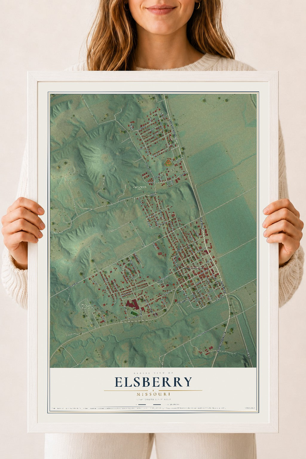 Map of Elsberry, Missouri, 18 x 24 inch print in a white wood frame