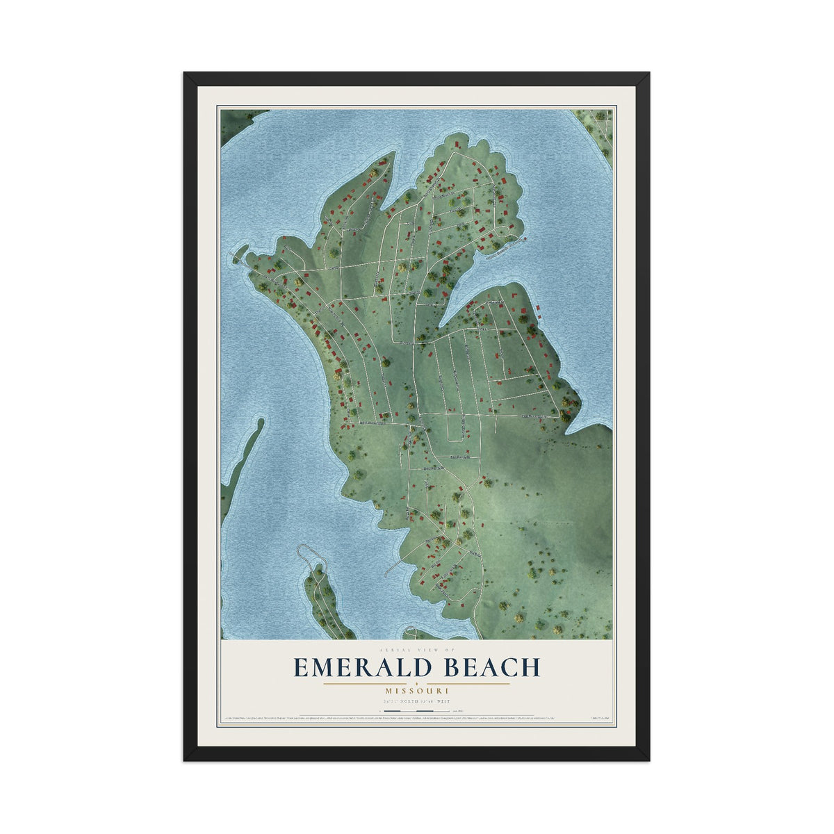 Map of Emerald Beach, Missouri, 12 x 18 inch print in a black wood frame