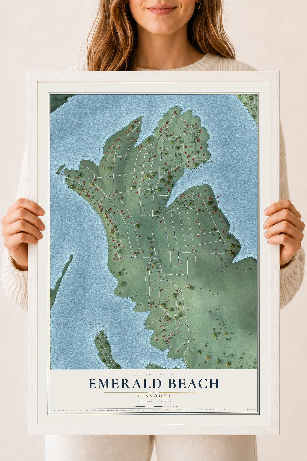 Map of Emerald Beach, Missouri, 18 x 24 inch print in a white wood frame