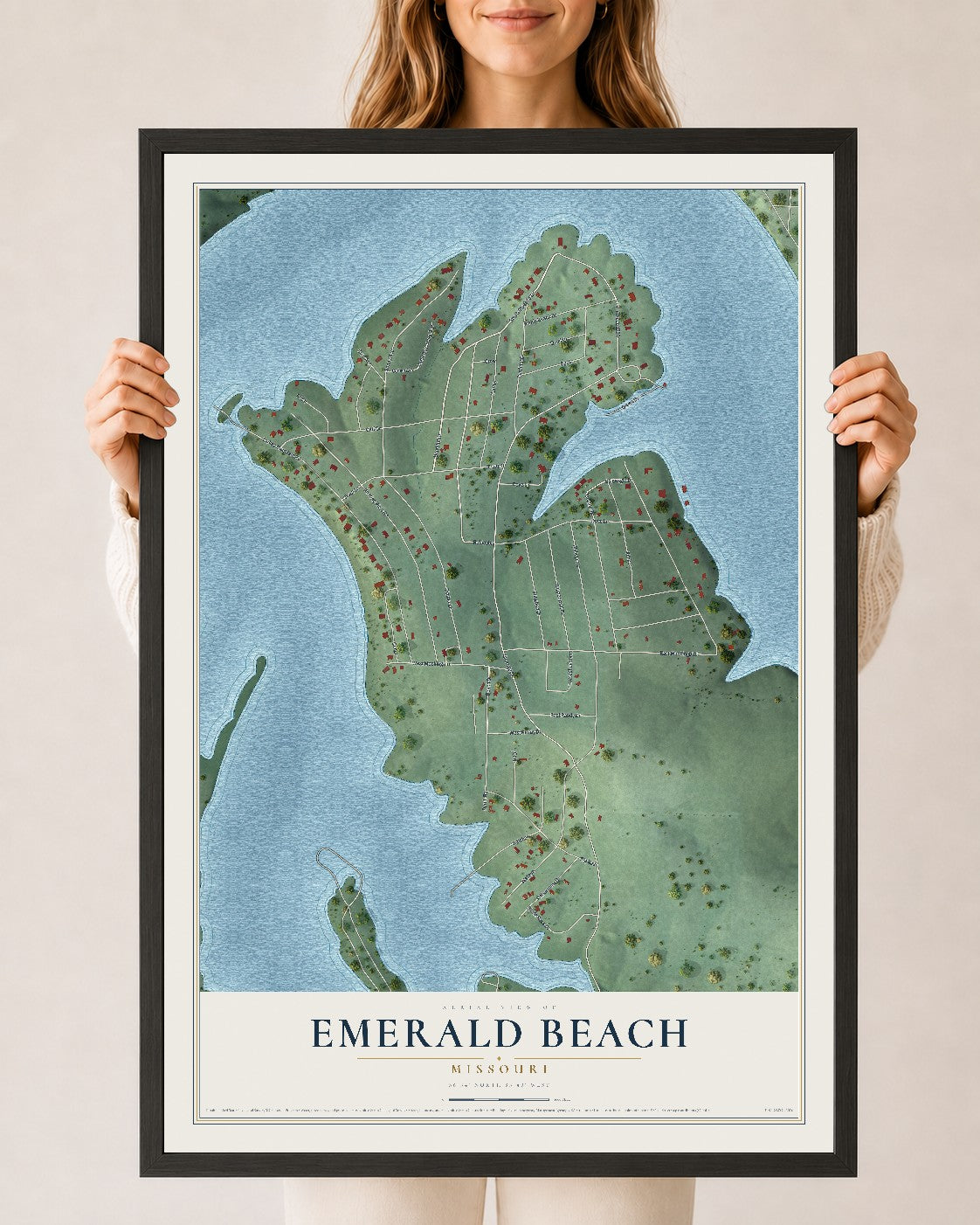 Map of Emerald Beach, Missouri, 24 x 36 inch print in a black wood frame