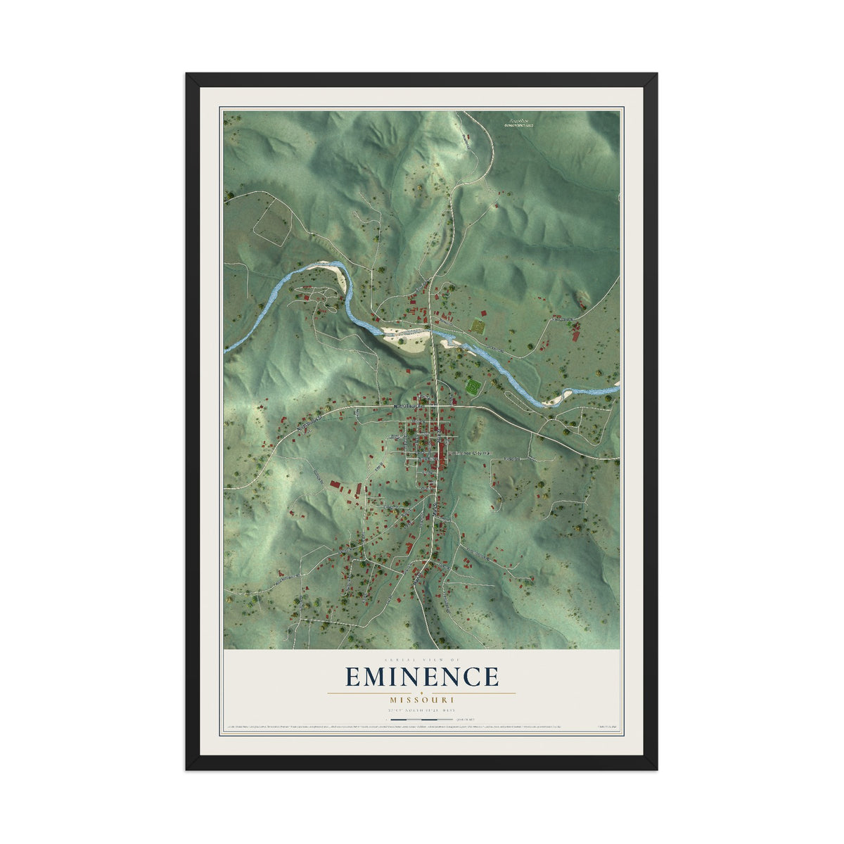 Map of Eminence, Missouri, 12 x 18 inch print in a black wood frame