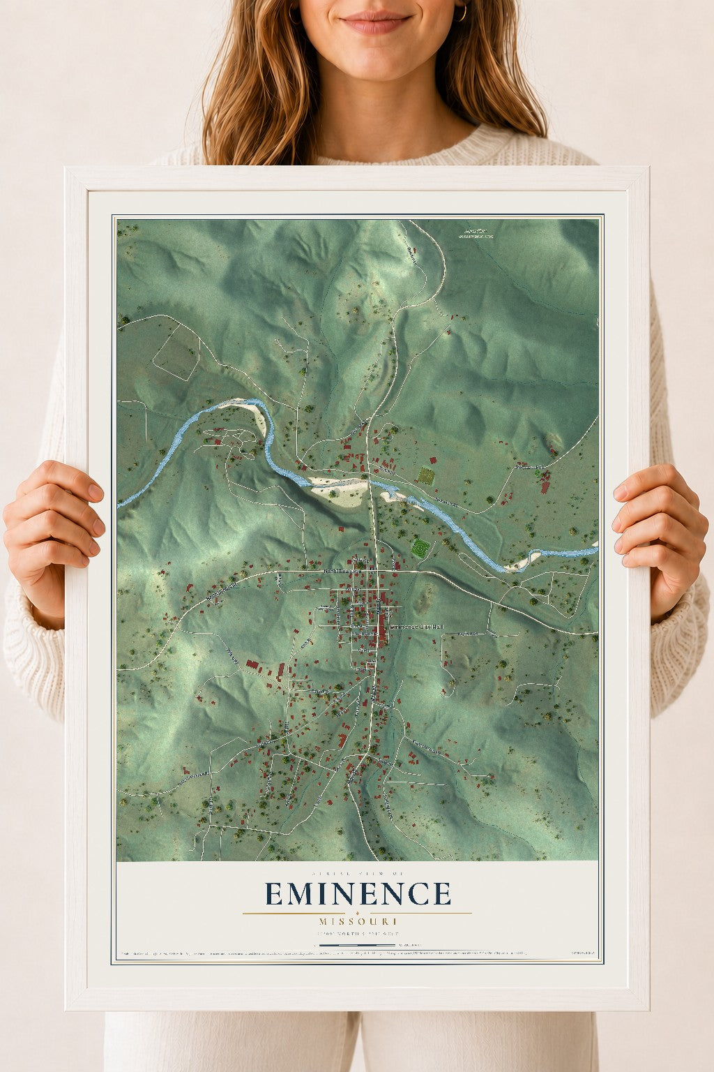 Map of Eminence, Missouri, 18 x 24 inch print in a white wood frame