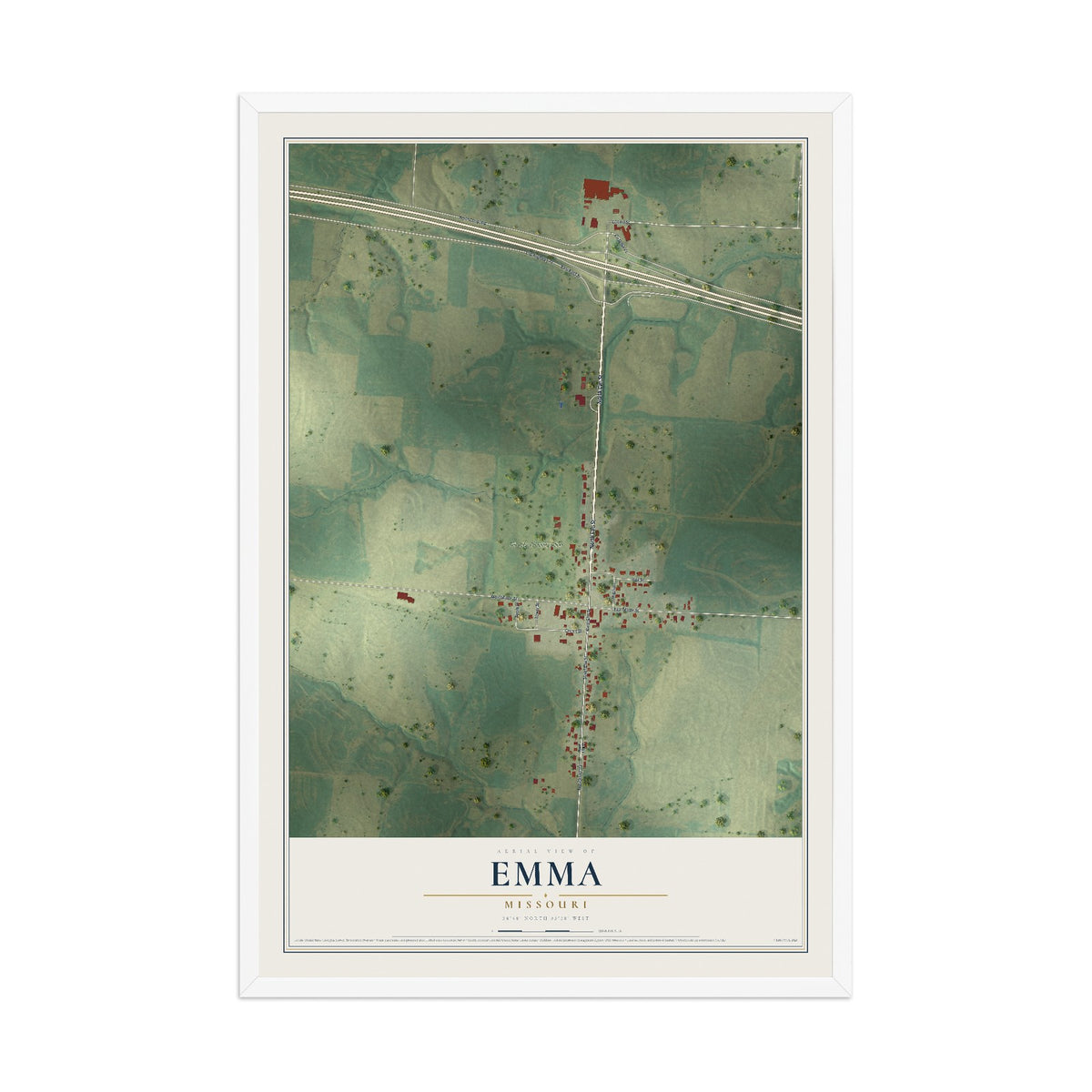 Map of Emma, Missouri, 12 x 18 inch print in a white wood frame