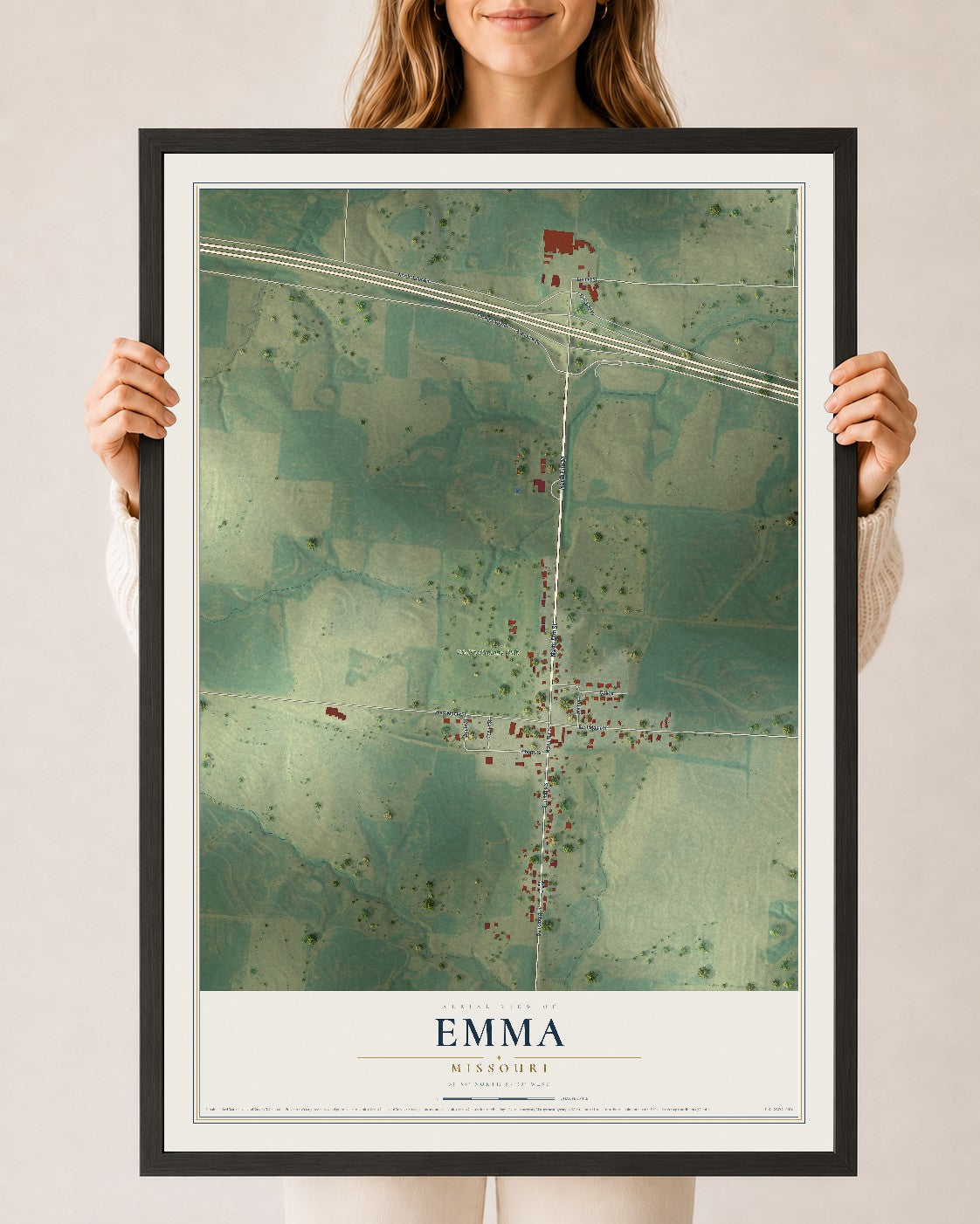 Map of Emma, Missouri, 24 x 36 inch print in a black wood frame