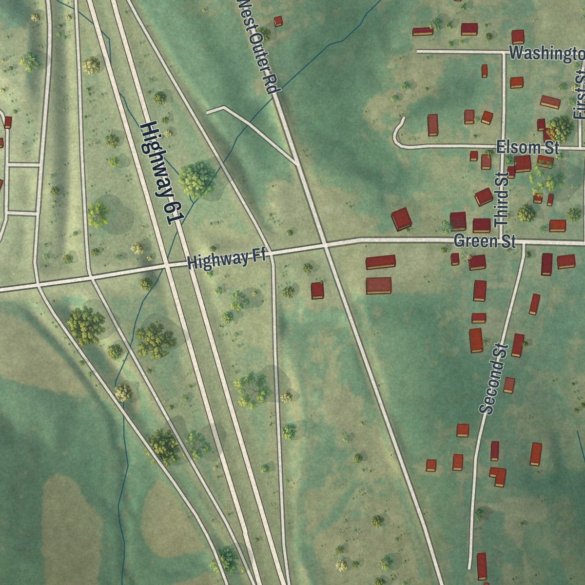 Close-up of the map of Eolia, Missouri print showing street and building detail