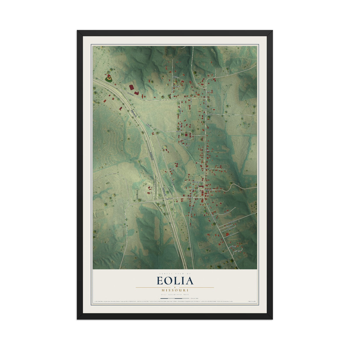 Map of Eolia, Missouri, 12 x 18 inch print in a black wood frame