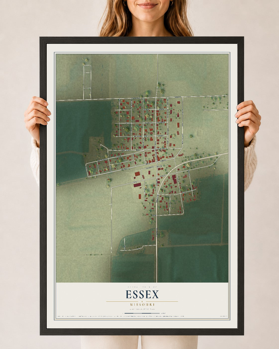 Map of Essex, Missouri, 24 x 36 inch print in a black wood frame