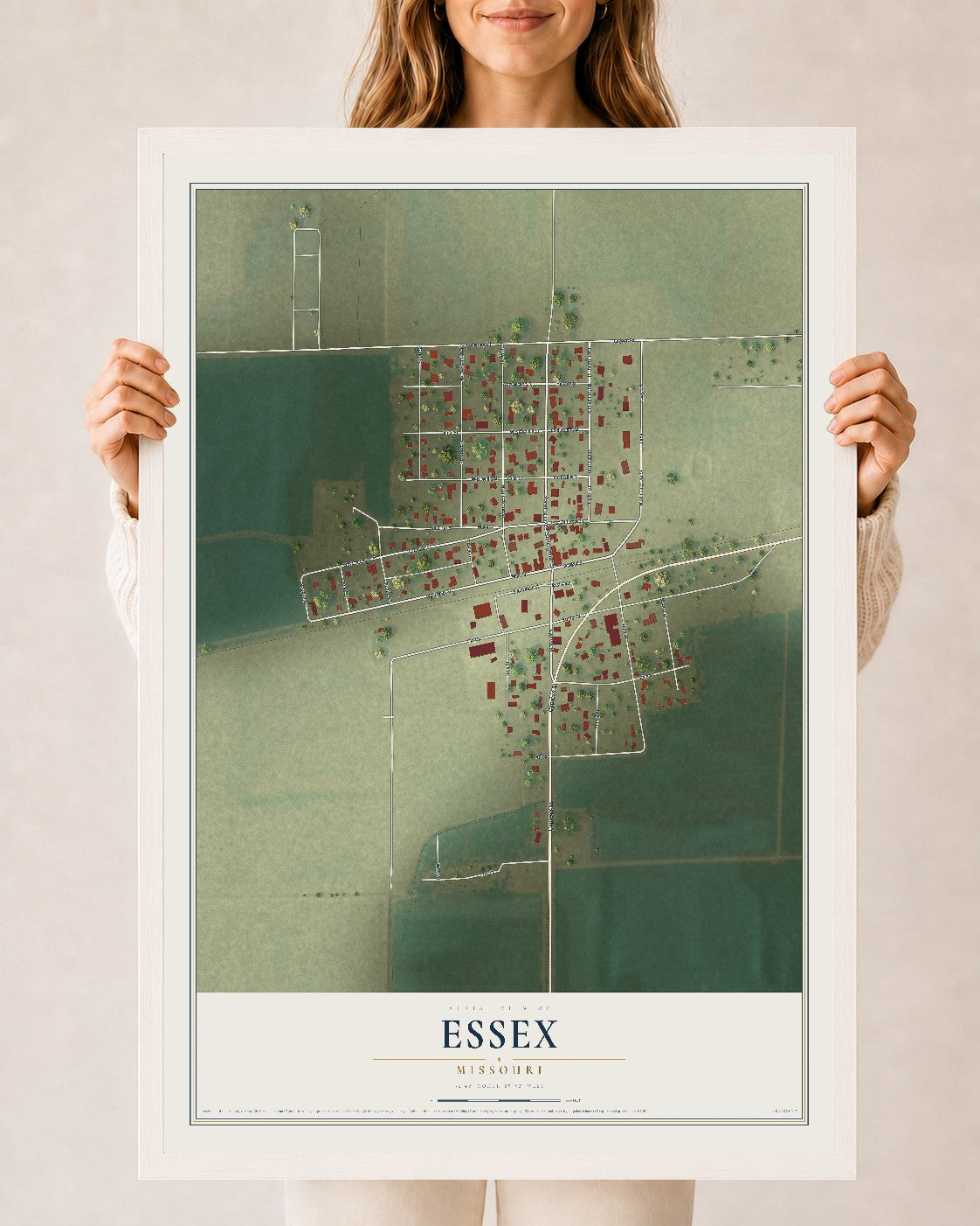 Map of Essex, Missouri, 24 x 36 inch print in a white wood frame