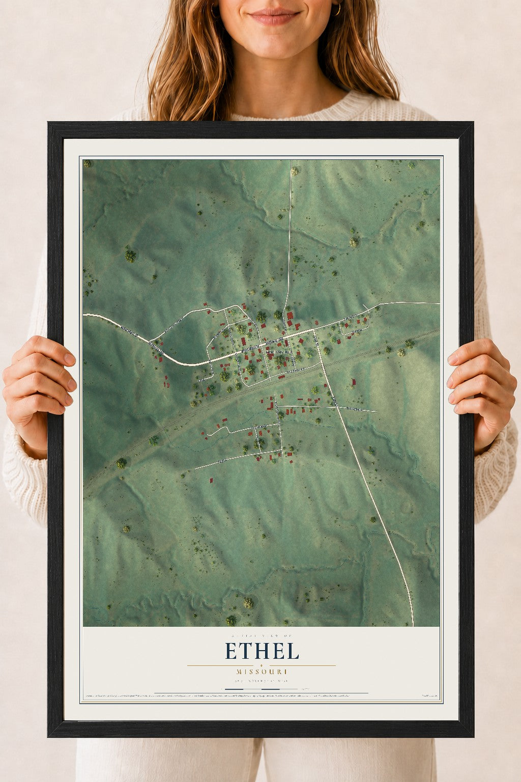 Map of Ethel, Missouri, 18 x 24 inch print in a black wood frame