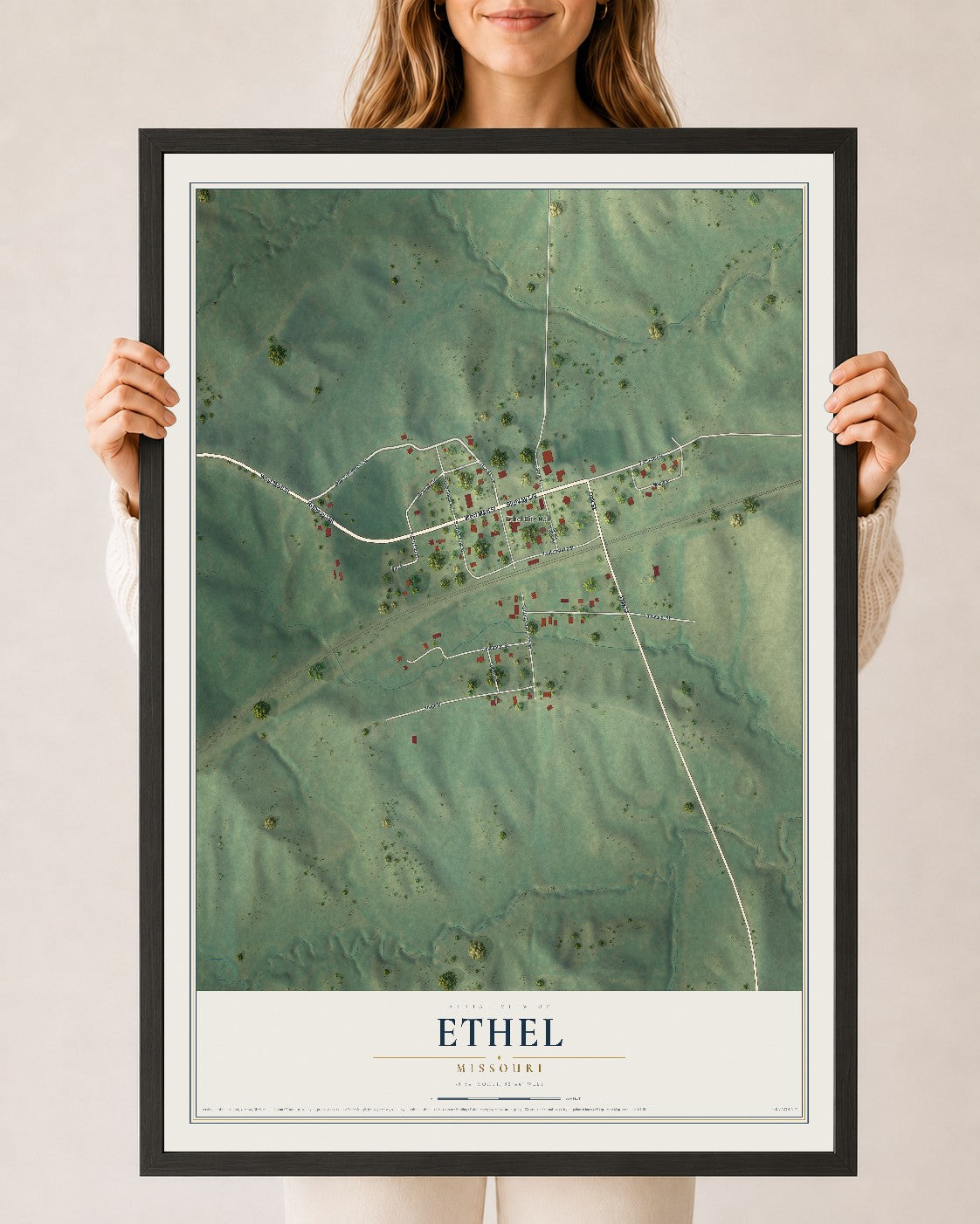 Map of Ethel, Missouri, 24 x 36 inch print in a black wood frame