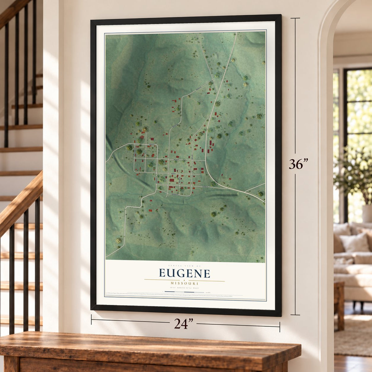 Eugene, Missouri map, 24 x 36 inch print in a black frame by a staircase