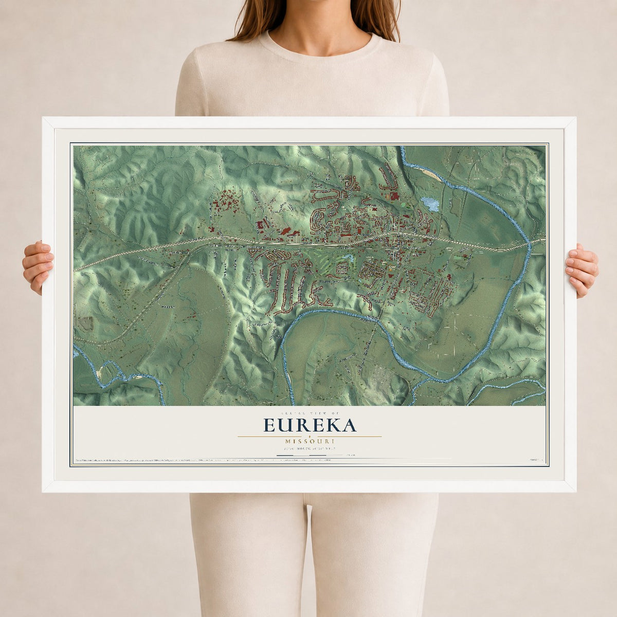 Map of Eureka, Missouri, 24 x 36 inch print in a white wood frame