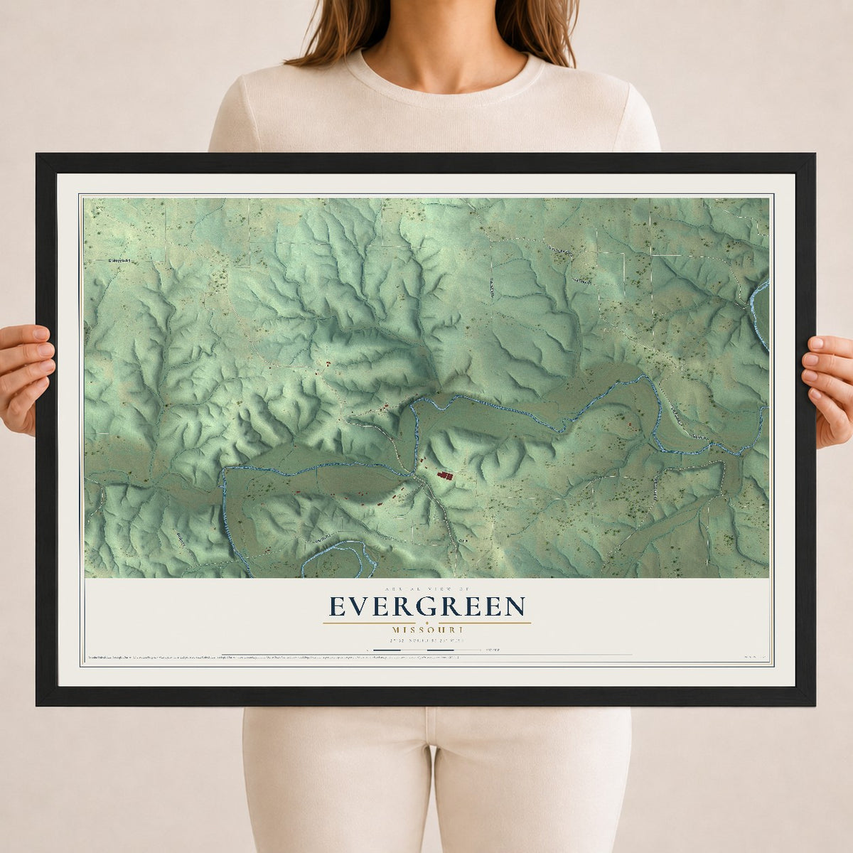 Map of Evergreen, Missouri, 18 x 24 inch print in a black wood frame