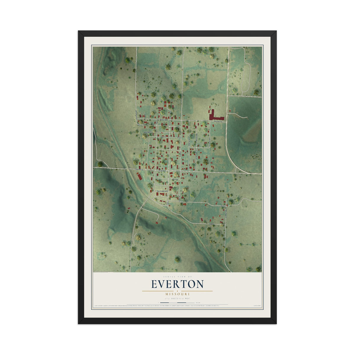 Map of Everton, Missouri, 12 x 18 inch print in a black wood frame