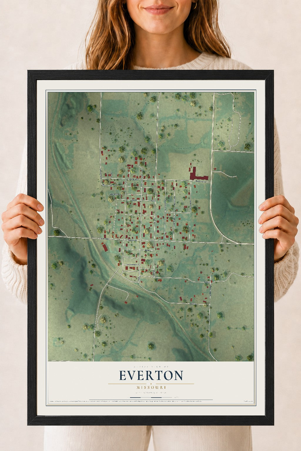 Map of Everton, Missouri, 18 x 24 inch print in a black wood frame