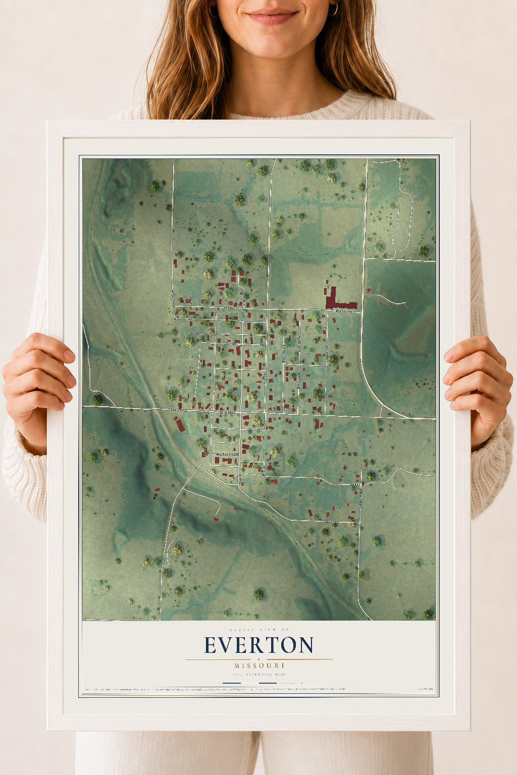 Map of Everton, Missouri, 18 x 24 inch print in a white wood frame