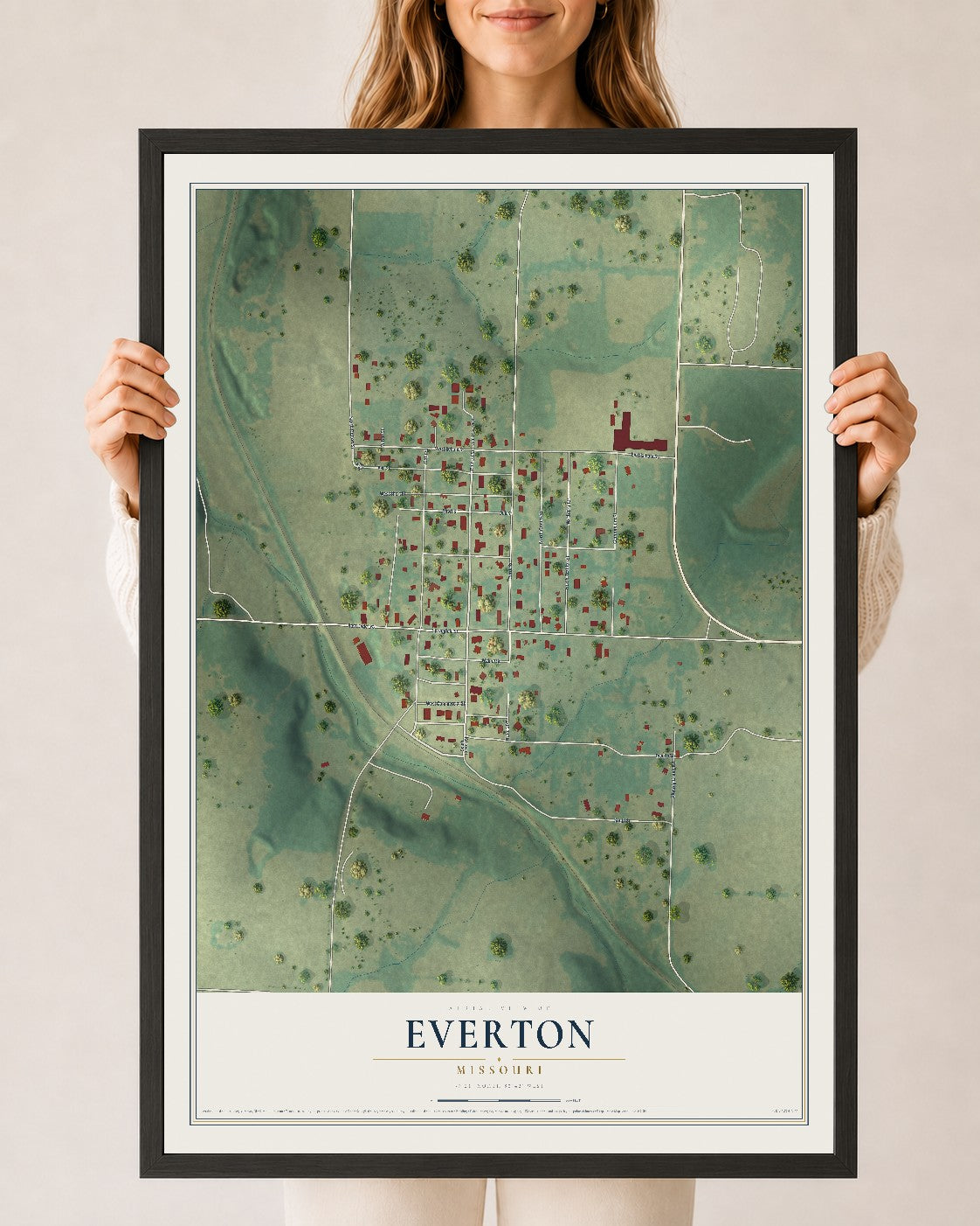 Map of Everton, Missouri, 24 x 36 inch print in a black wood frame