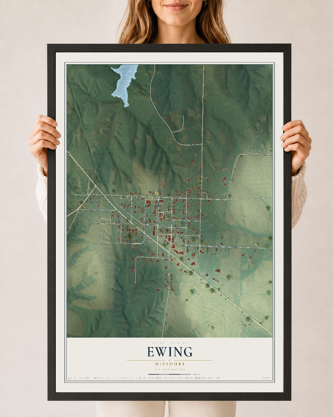 Map of Ewing, Missouri, 24 x 36 inch print in a black wood frame