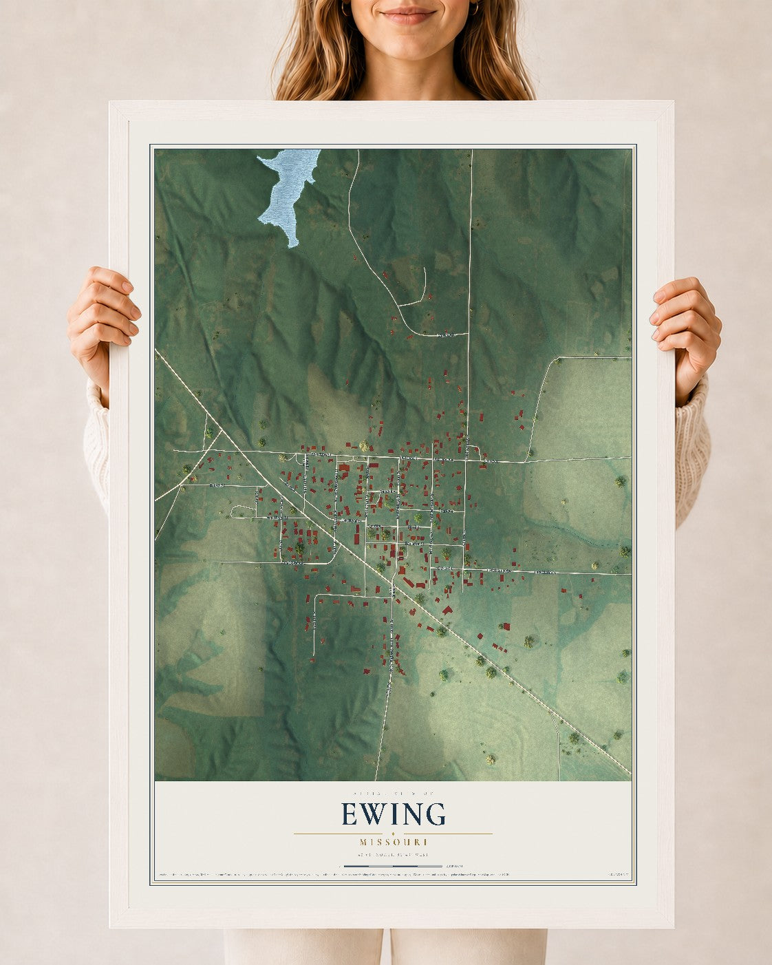Map of Ewing, Missouri, 24 x 36 inch print in a white wood frame