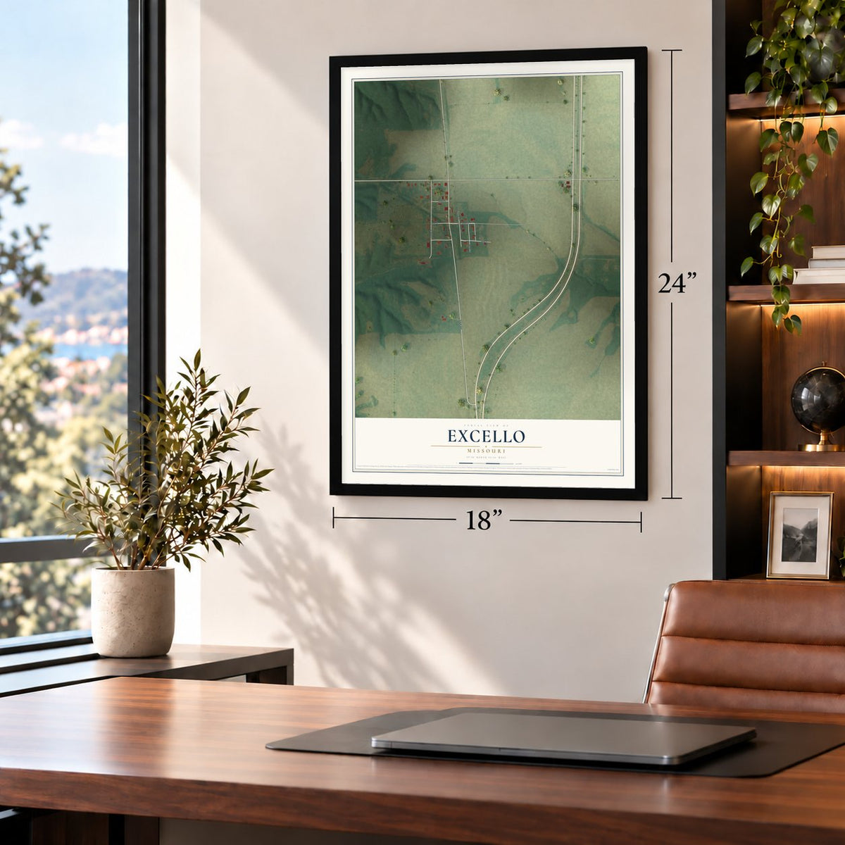 Excello, Missouri map, 18 x 24 inch print in a black frame in a home office
