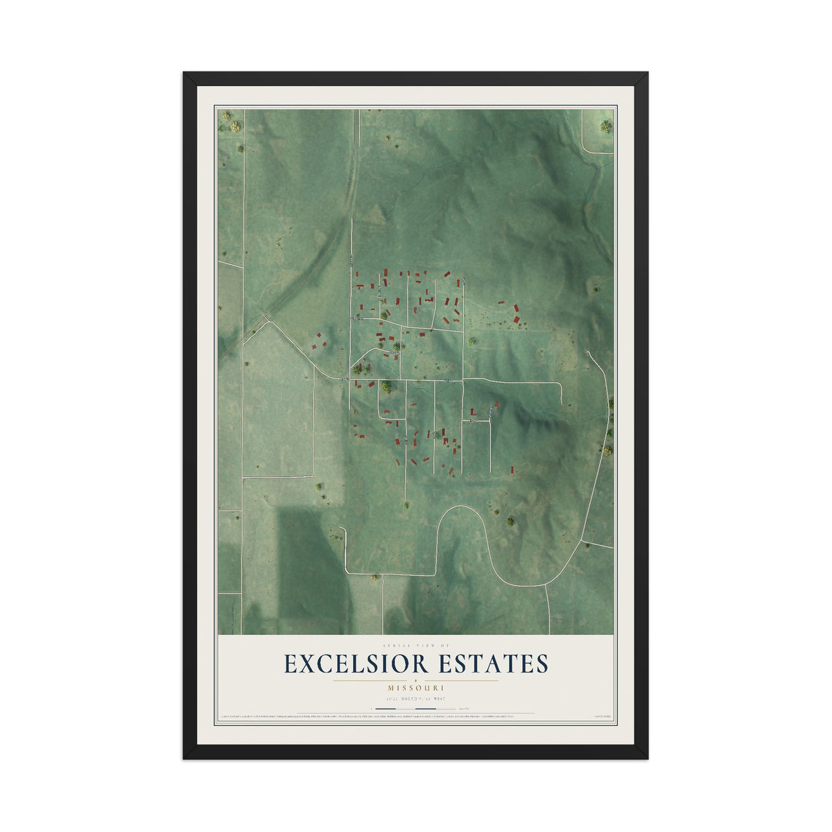 Map of Excelsior Estates, Missouri, 12 x 18 inch print in a black wood frame