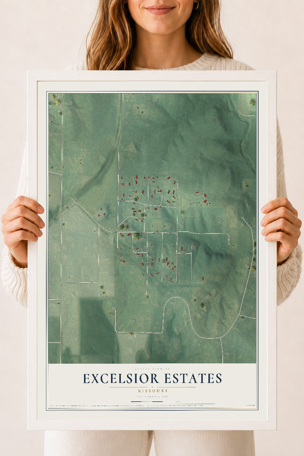 Map of Excelsior Estates, Missouri, 18 x 24 inch print in a white wood frame