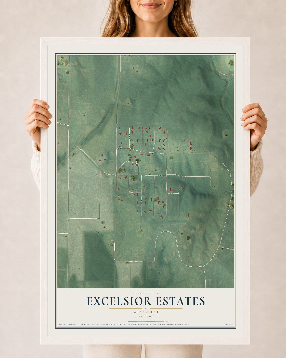Map of Excelsior Estates, Missouri, 24 x 36 inch print in a white wood frame