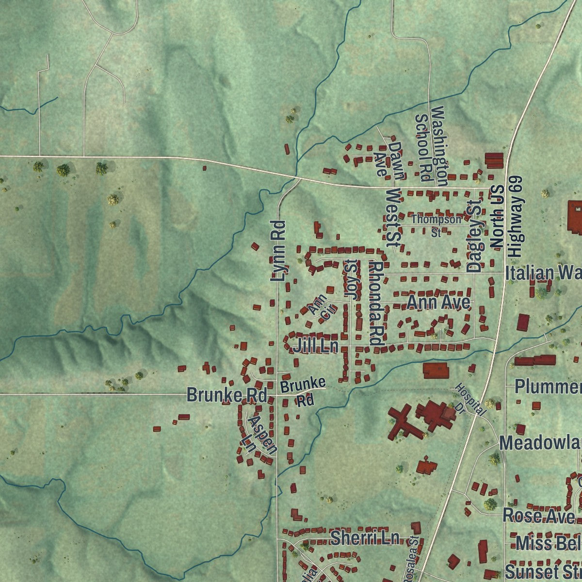 Second close-up of the map of Excelsior Springs, Missouri print showing more streets and buildings