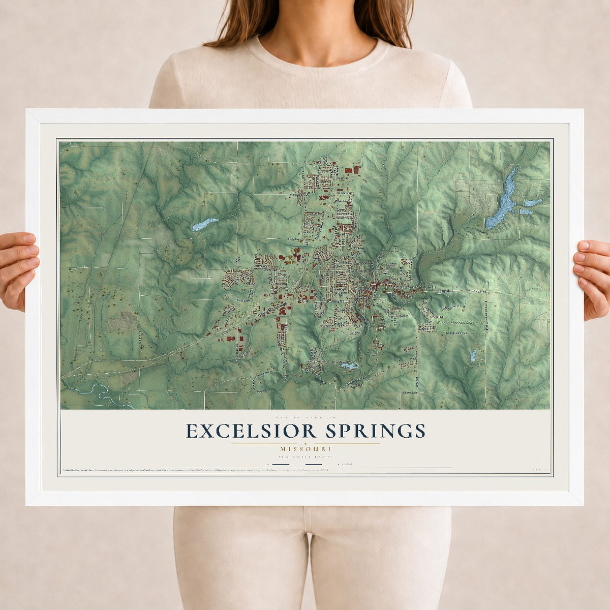 Map of Excelsior Springs, Missouri, 18 x 24 inch print in a white wood frame