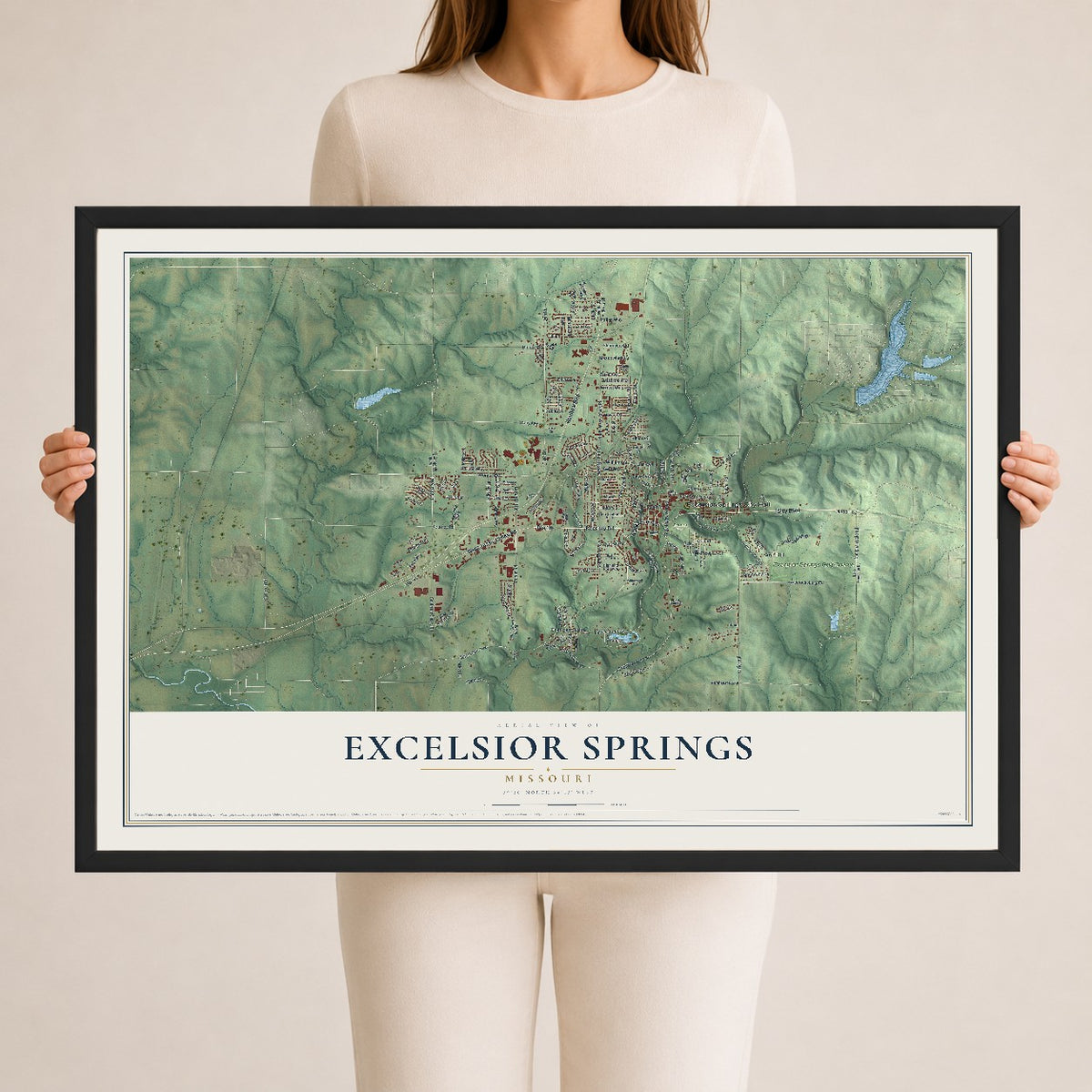 Map of Excelsior Springs, Missouri, 24 x 36 inch print in a black wood frame