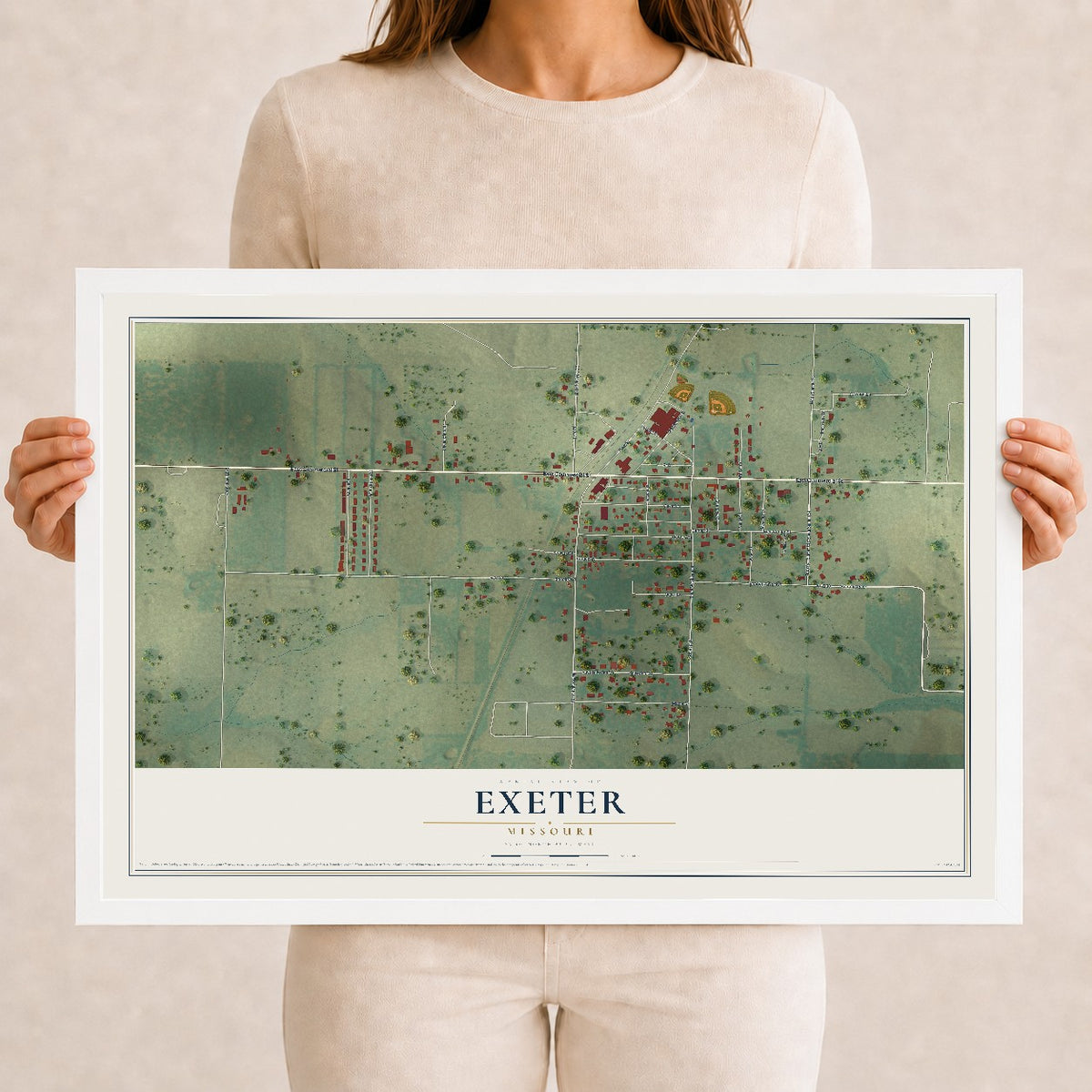 Map of Exeter, Missouri, 12 x 18 inch print in a white wood frame