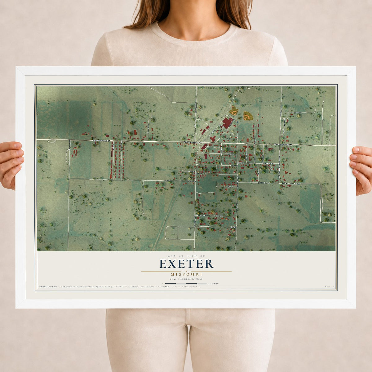 Map of Exeter, Missouri, 18 x 24 inch print in a white wood frame