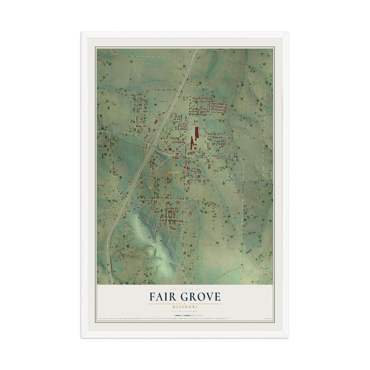Map of Fair Grove, Missouri, 12 x 18 inch print in a white wood frame