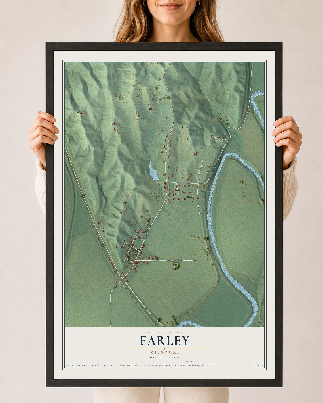 Map of Farley, Missouri, 24 x 36 inch print in a black wood frame