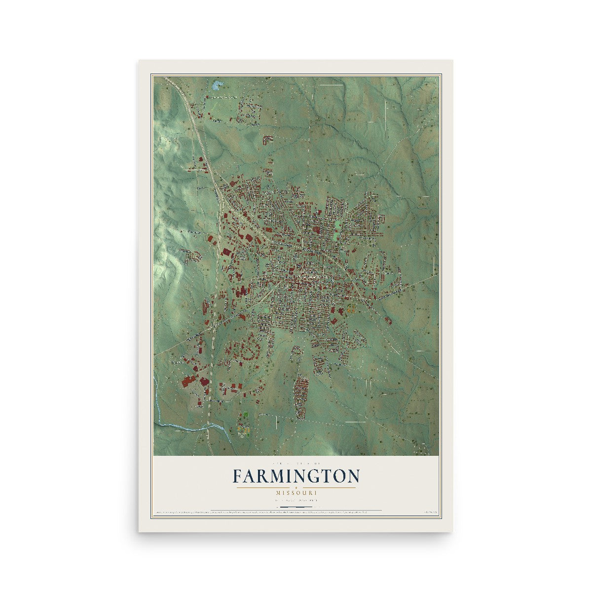 Map of Farmington, Missouri, 12 x 18 inch unframed archival matte print