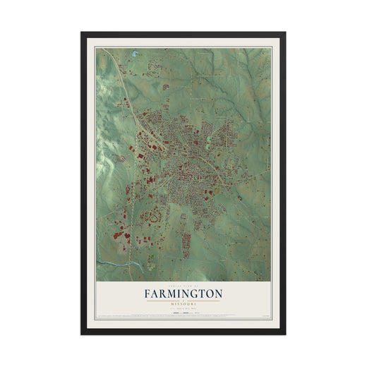 Map of Farmington, Missouri, 12 x 18 inch print in a black wood frame