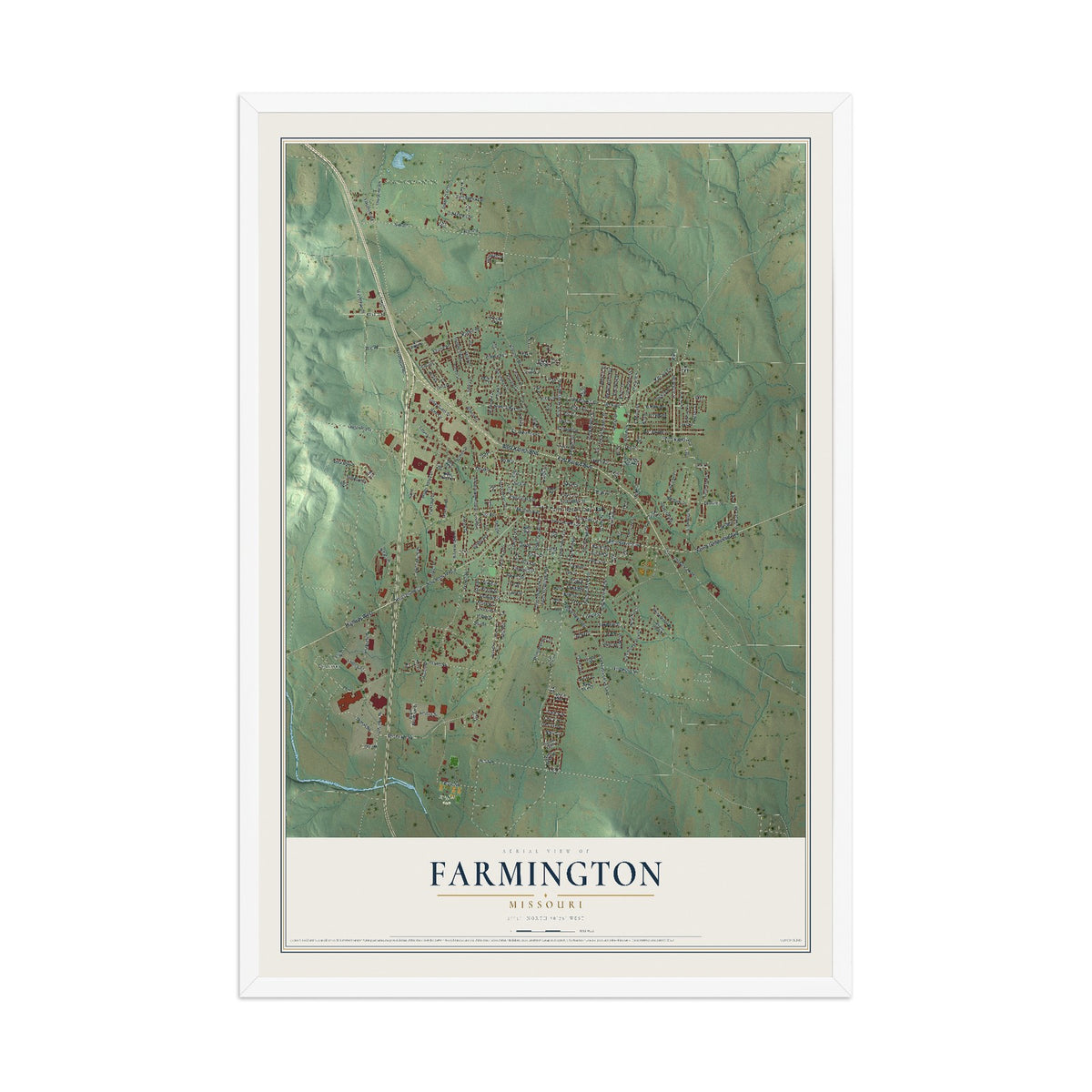 Map of Farmington, Missouri, 12 x 18 inch print in a white wood frame
