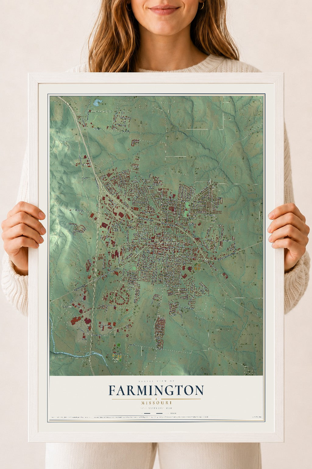 Map of Farmington, Missouri, 18 x 24 inch print in a white wood frame