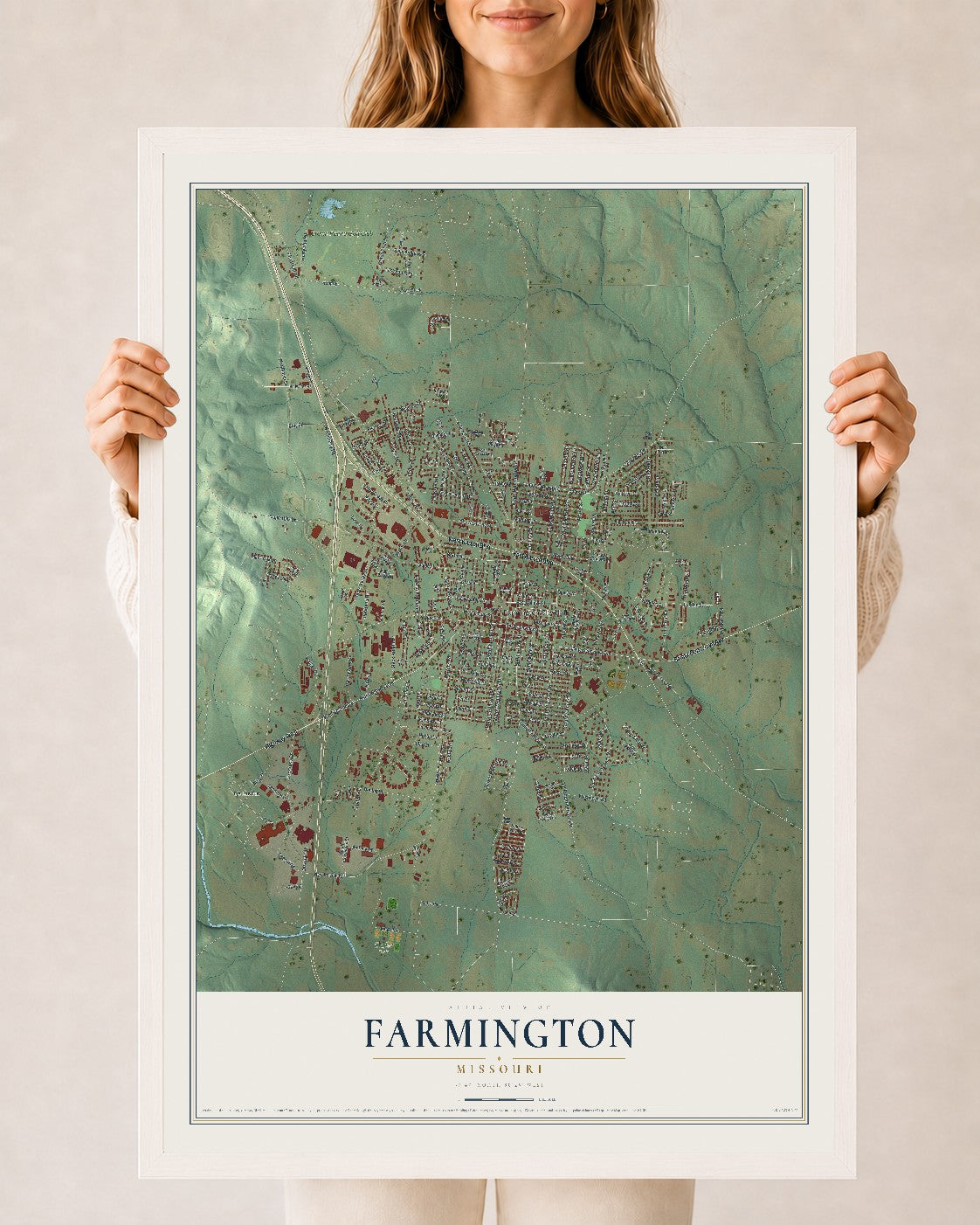 Map of Farmington, Missouri, 24 x 36 inch print in a white wood frame
