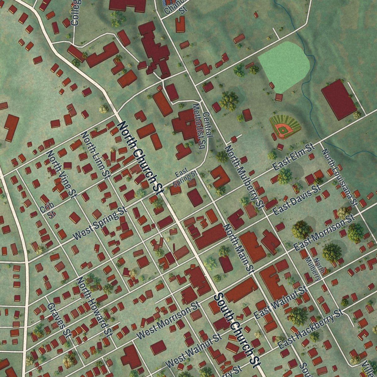 Close-up of the map of Fayette, Missouri print showing street and building detail