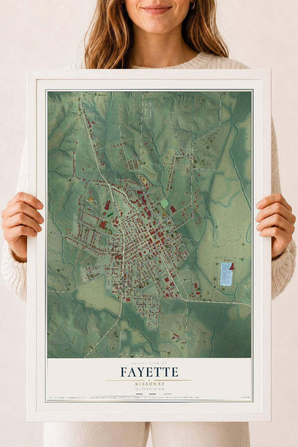 Map of Fayette, Missouri, 18 x 24 inch print in a white wood frame