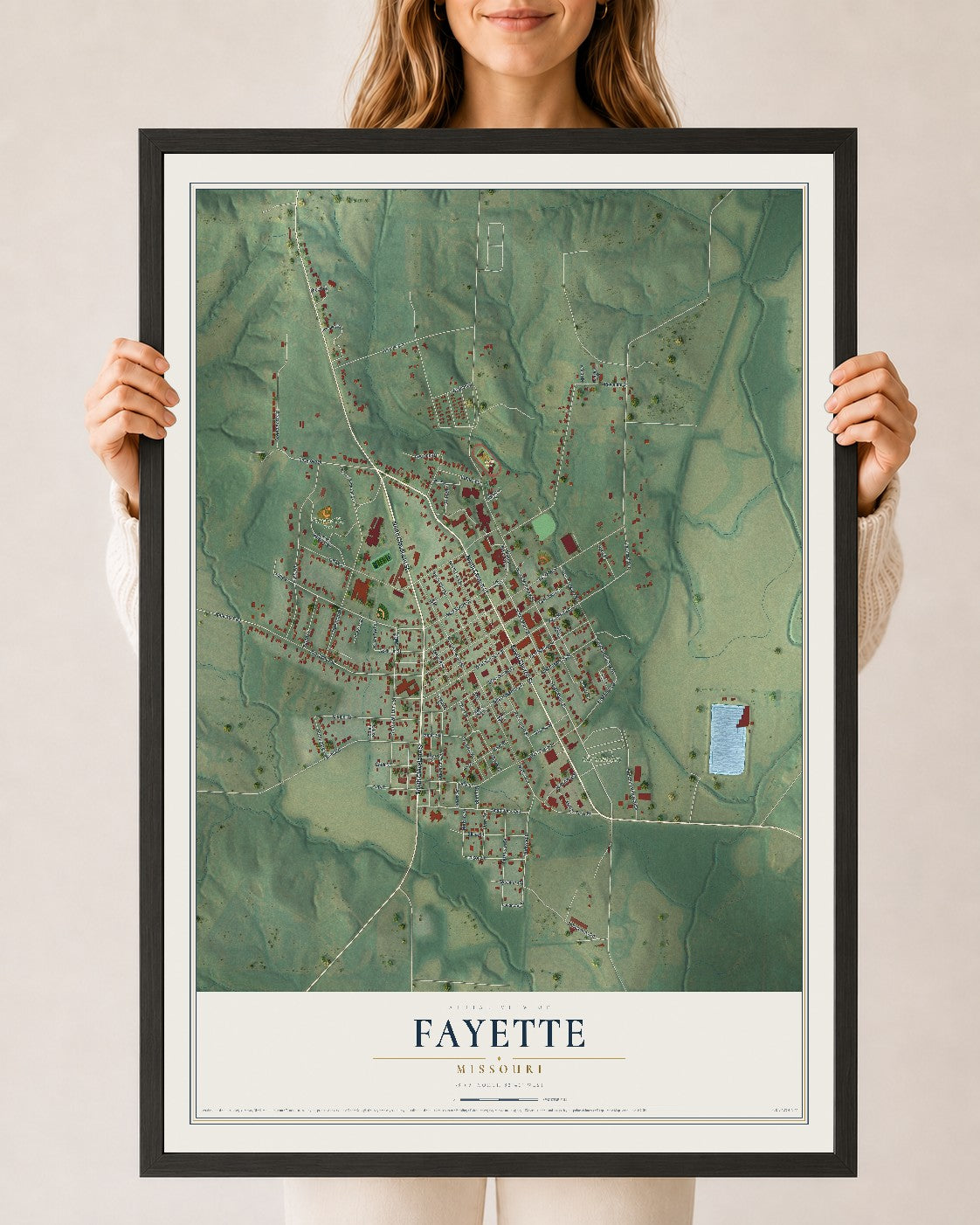 Map of Fayette, Missouri, 24 x 36 inch print in a black wood frame