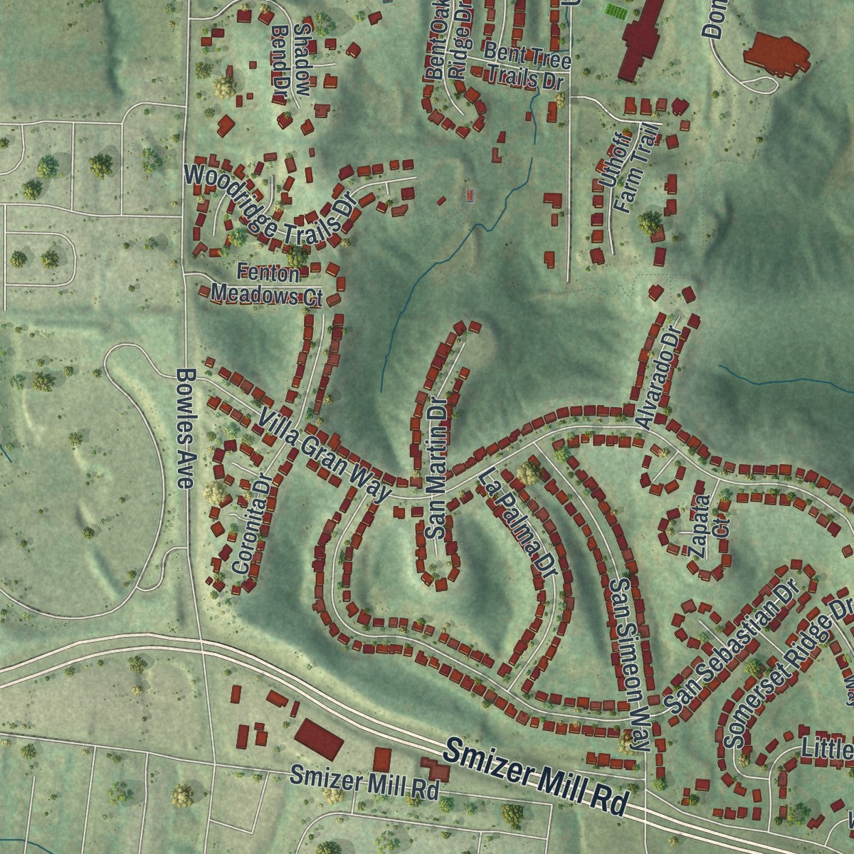 Close-up of the map of Fenton, Missouri print showing street and building detail
