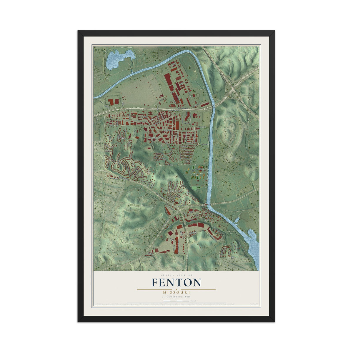 Map of Fenton, Missouri, 12 x 18 inch print in a black wood frame