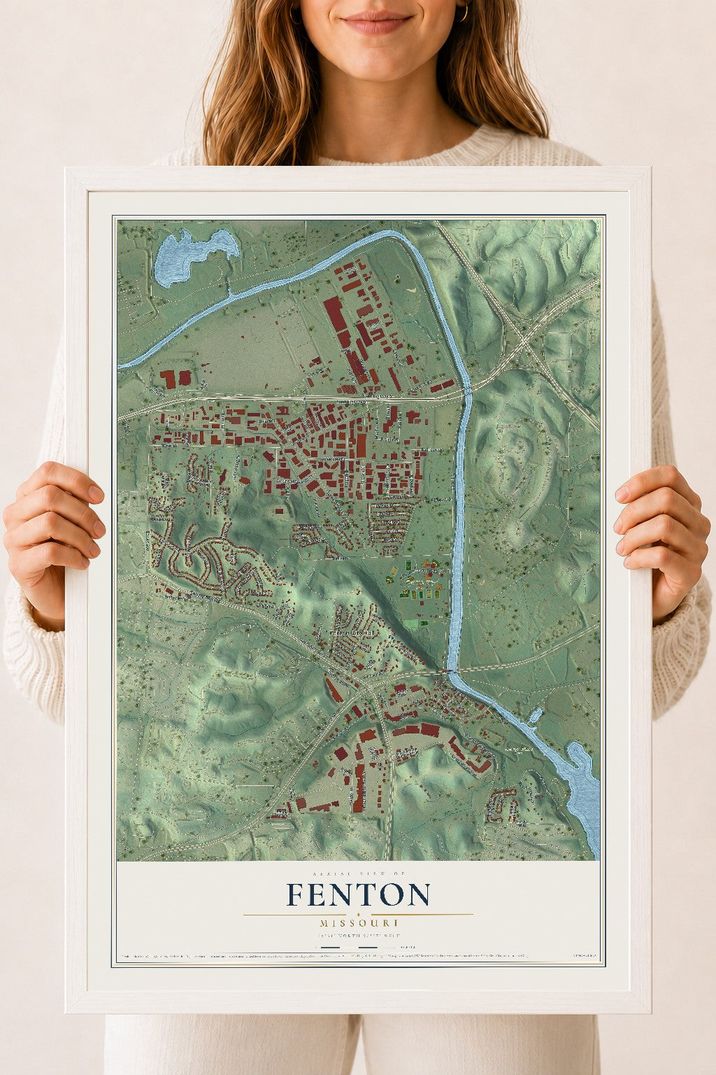 Map of Fenton, Missouri, 18 x 24 inch print in a white wood frame