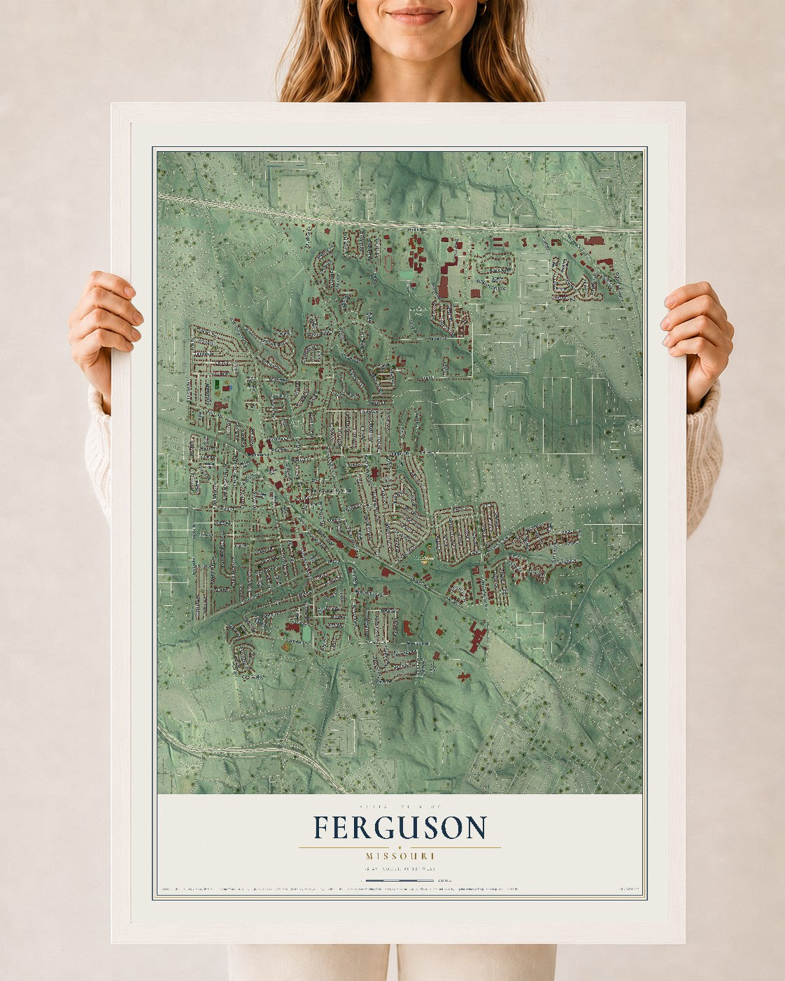 Map of Ferguson, Missouri, 24 x 36 inch print in a white wood frame