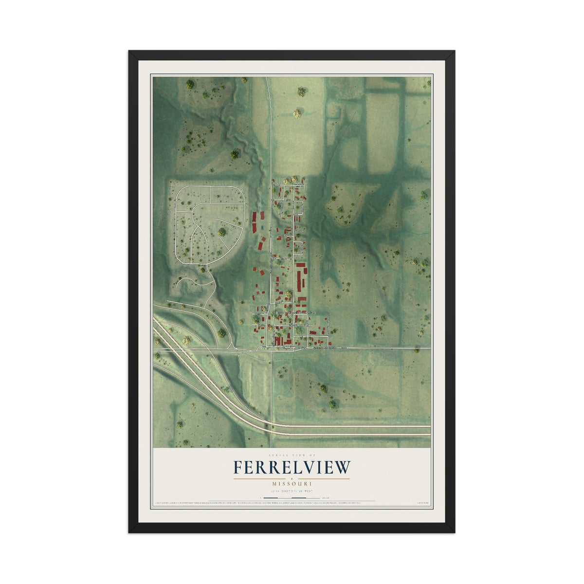 Map of Ferrelview, Missouri, 12 x 18 inch print in a black wood frame