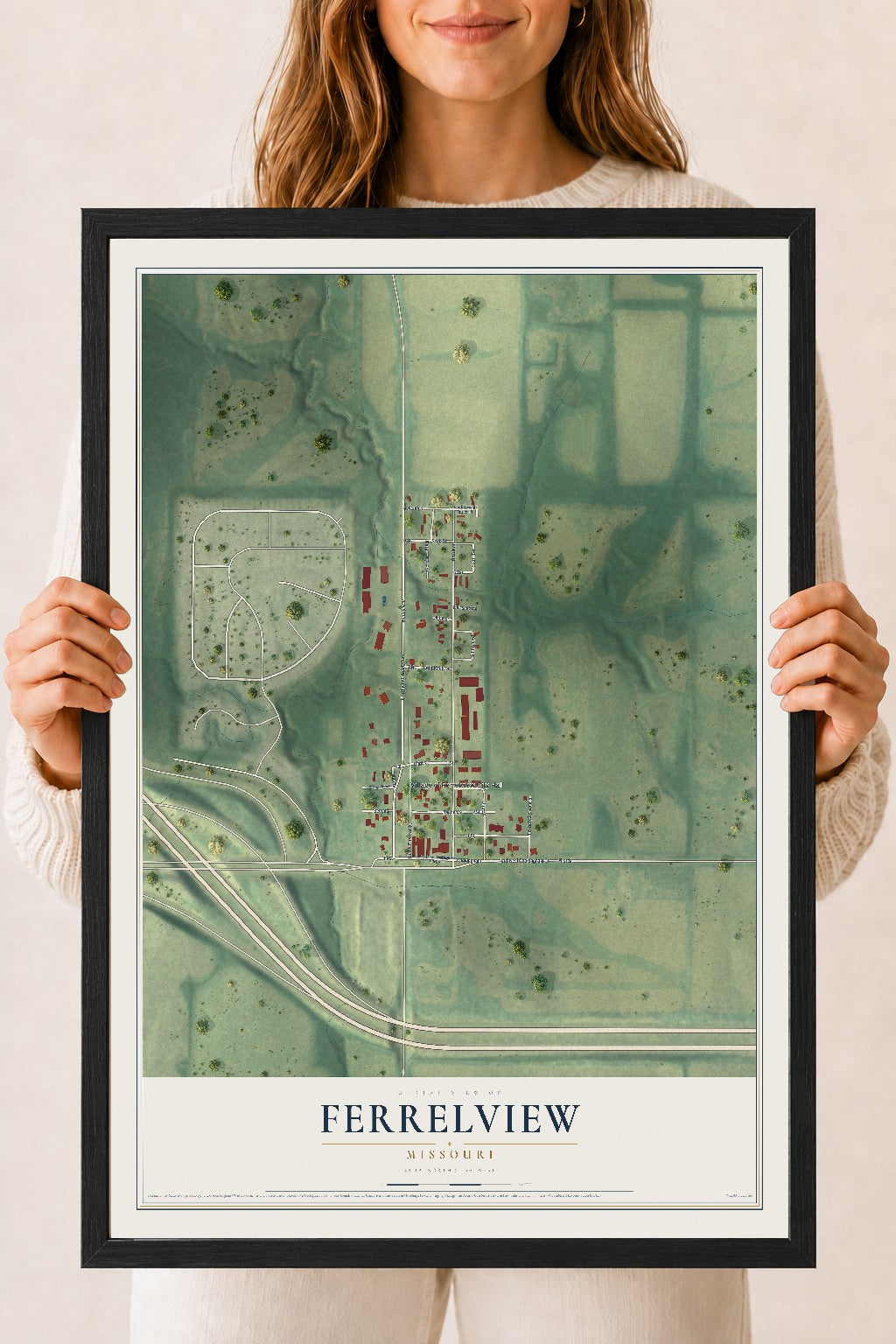 Map of Ferrelview, Missouri, 18 x 24 inch print in a black wood frame