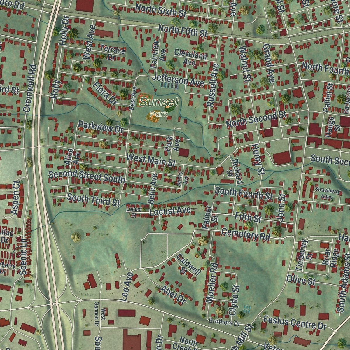 Close-up of the map of Festus, Missouri print showing street and building detail