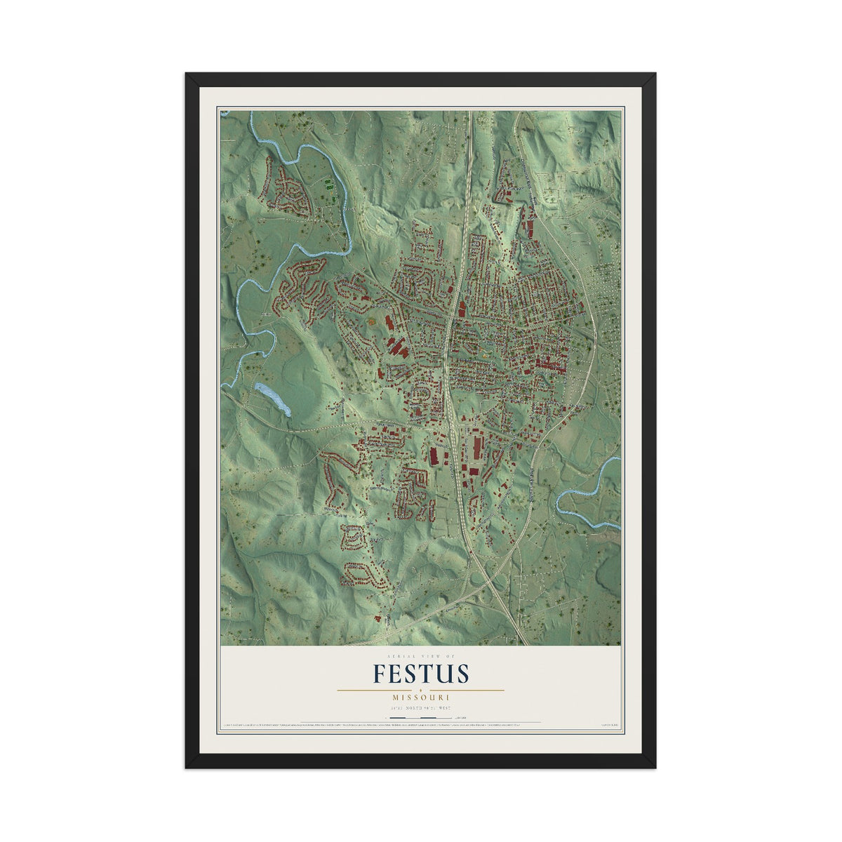 Map of Festus, Missouri, 12 x 18 inch print in a black wood frame